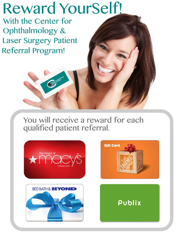 The image features a woman holding a card with an advertisement for a laser surgery program. She is smiling and appears to be promoting the service.