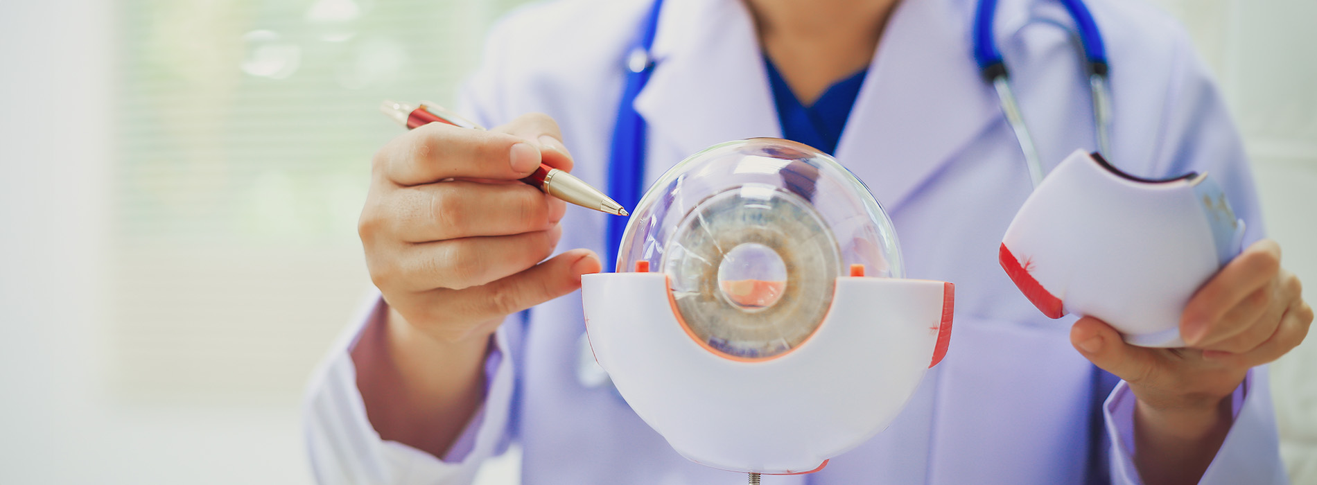 The image shows a person in a lab coat holding an eye exam device while wearing glasses, with a focus on accessibility.