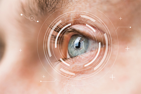 The image shows a close-up view of a person s eye, with various digital overlays and icons suggesting advanced technology or medical analysis, such as an eye scan or monitoring device.